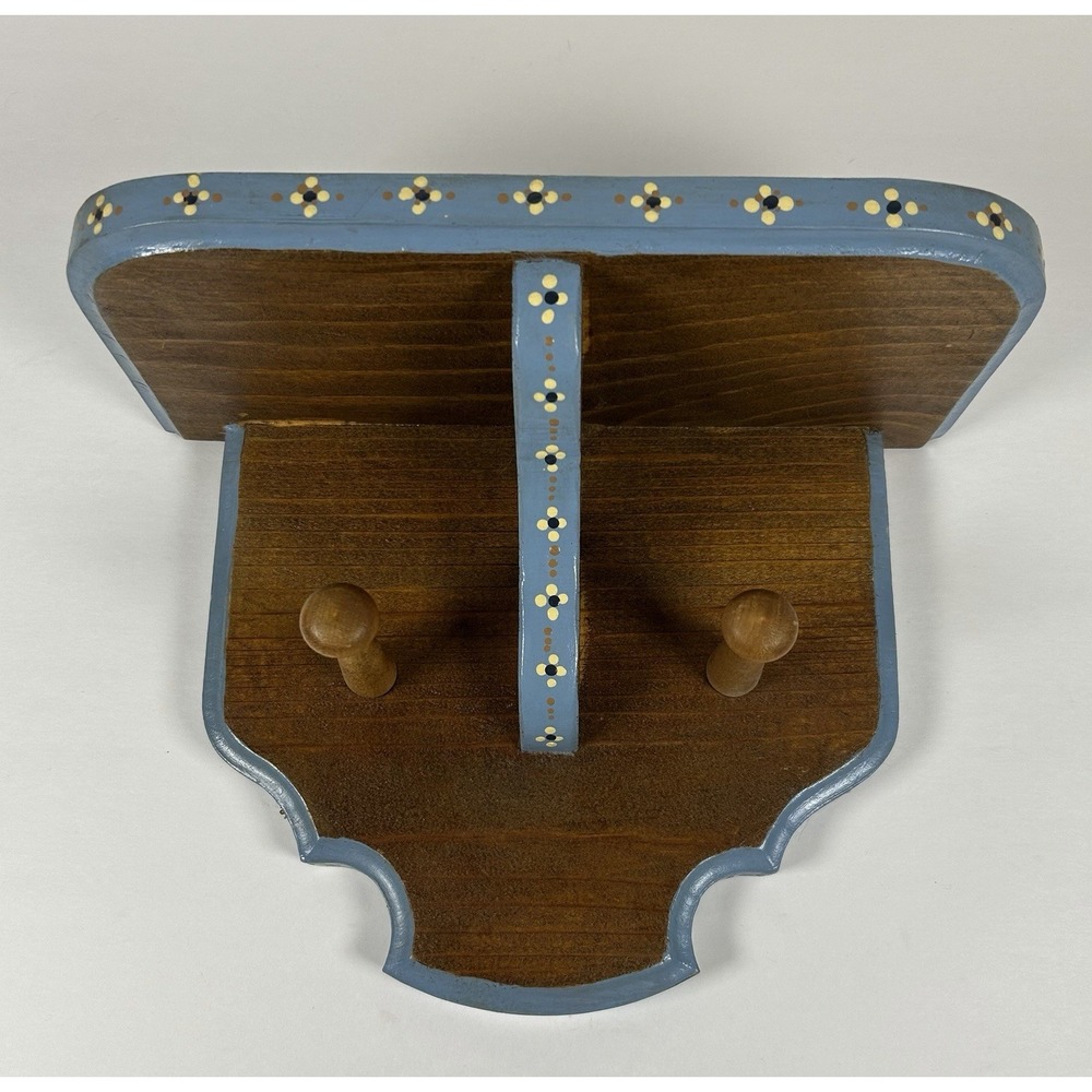 Wooden Decorative Wall Shelf Hand Painted Flowers Hooks Cottagecore 9.75"
